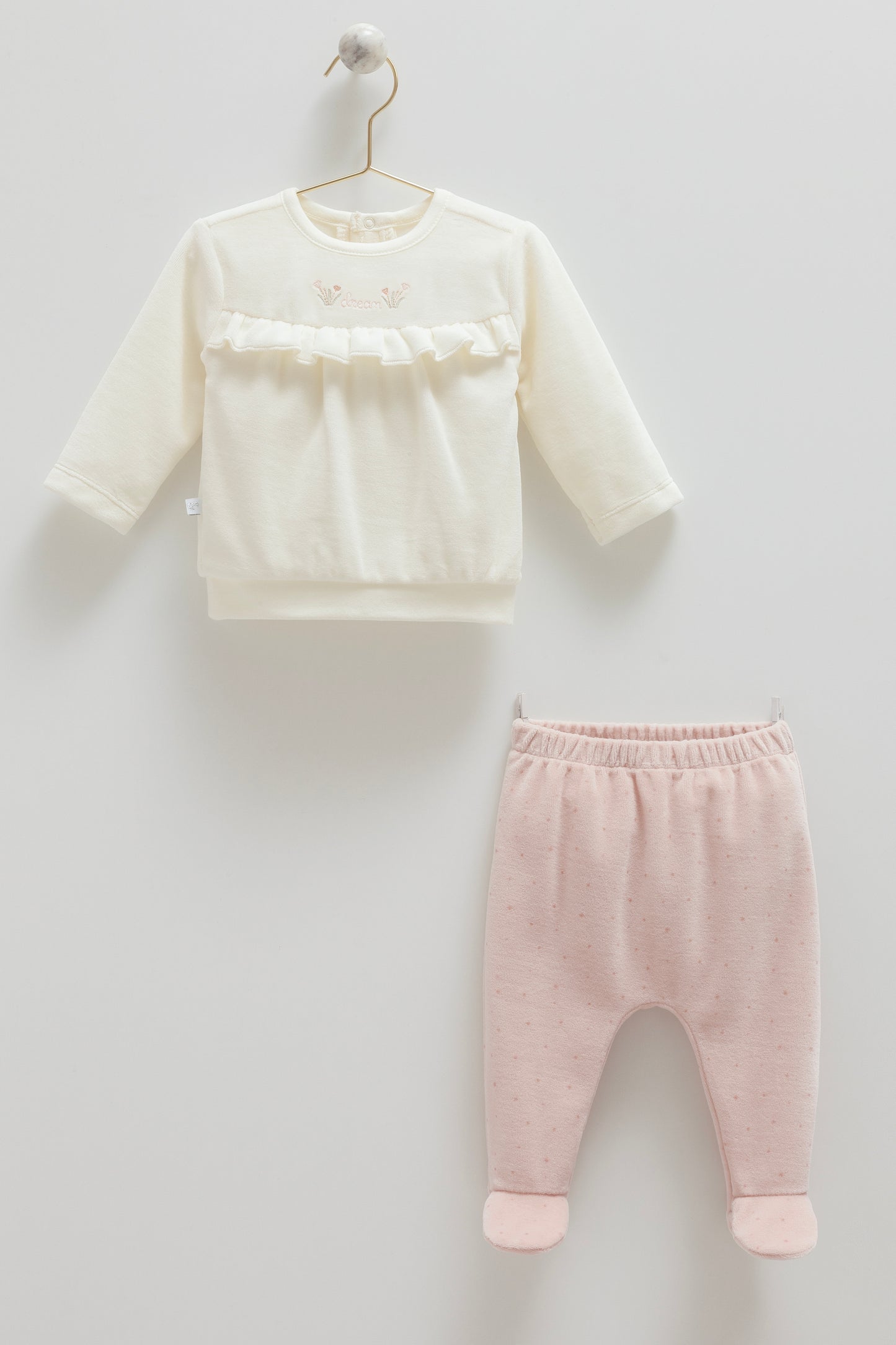 طقم بيبي مخمل١-١٢ شهر وردي