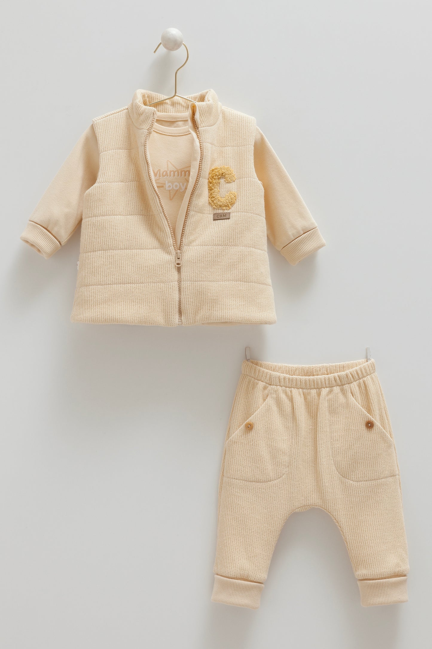 طقم ٣ قطع قطن شتوي ١٠٠٪ بيج✨٣-١٨ شهر