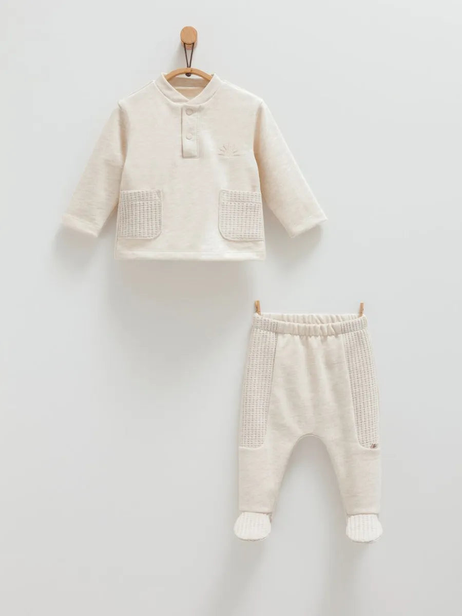 طقم قطعتين قطن ١٠٠٪ بيج فاتح ١-١٢ شهر