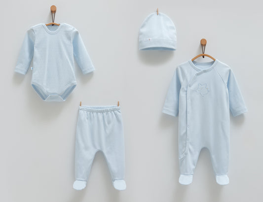 طقم بيبي ٤ قطع🪡قطن طبيعي ١٠٠٪ ازرق