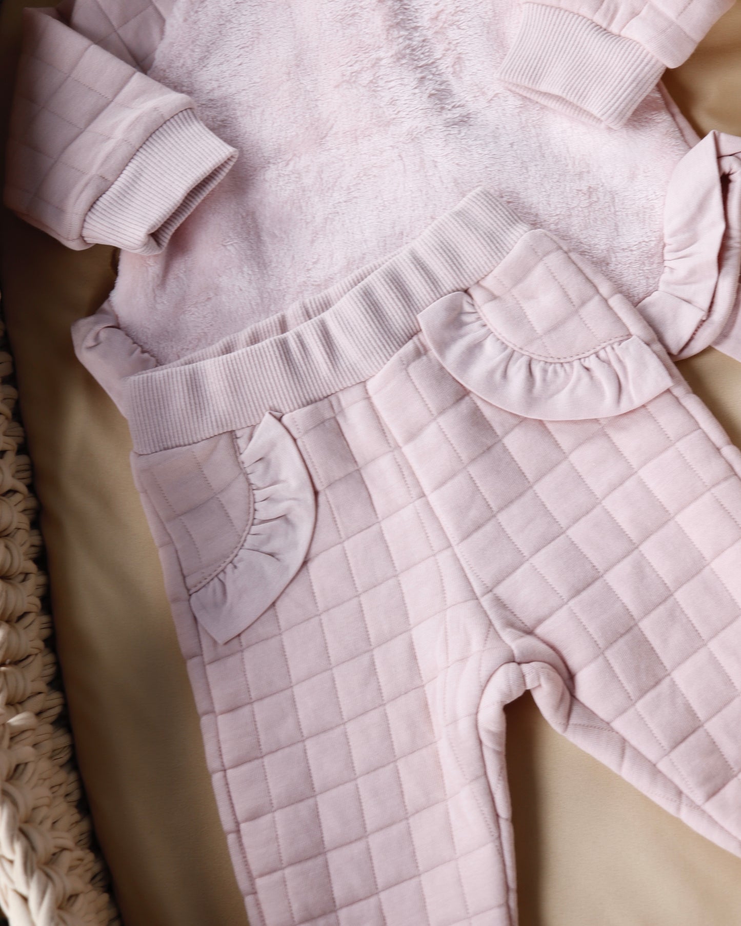 طقم بيبي قطن مبطن - لون زهري