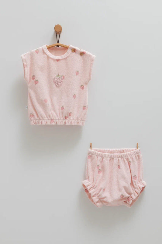 طقم صيفي برسمة الفراولة - الزهري🍓