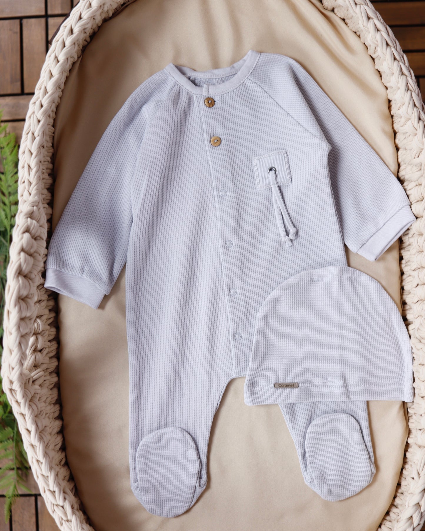 طقم بيبي قطن ٤ قطع أفرهول مع بجامة / ١-٣ أشهر رمادي