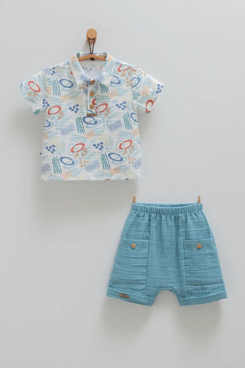 طقم قطعتين معرق باللون الفيروزي