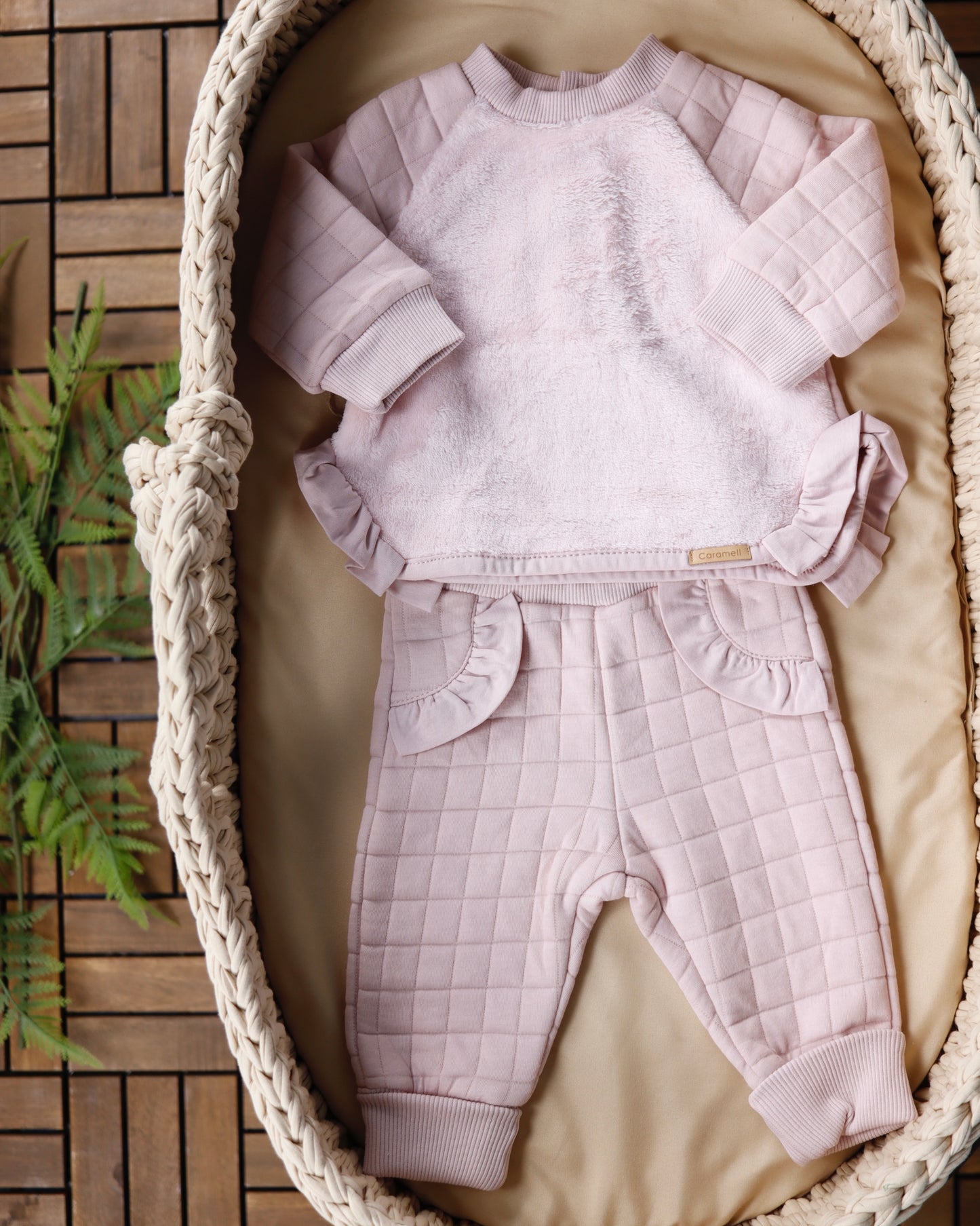 طقم بيبي قطن مبطن - لون زهري