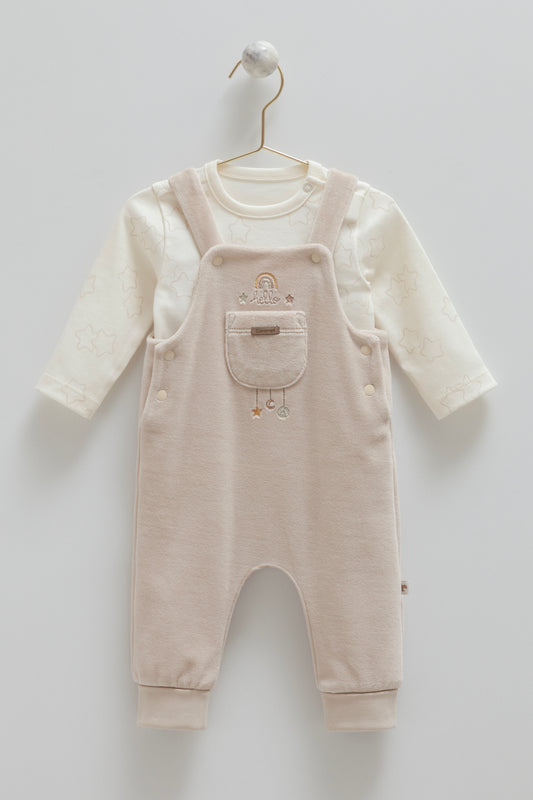 طقم أفرهول بيبي مخمل١-١٢ شهر بيج🌟