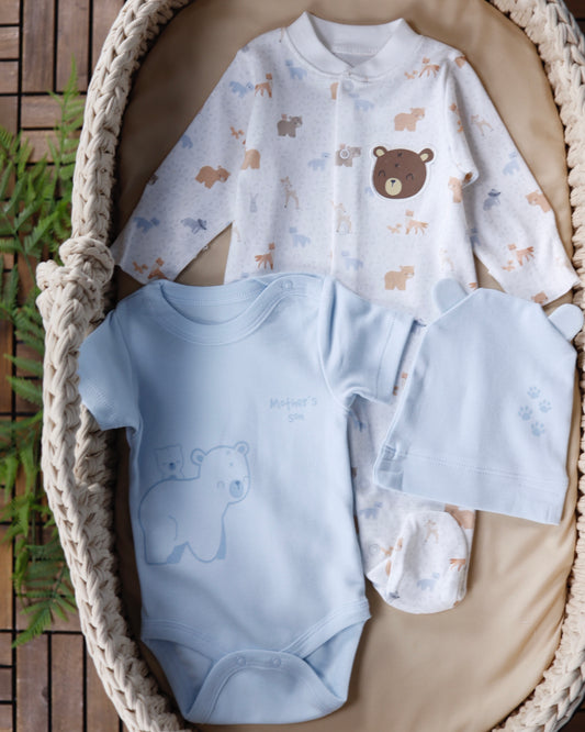 طقم أفرهول بيبي قطن ٣ قطع🐻🩵