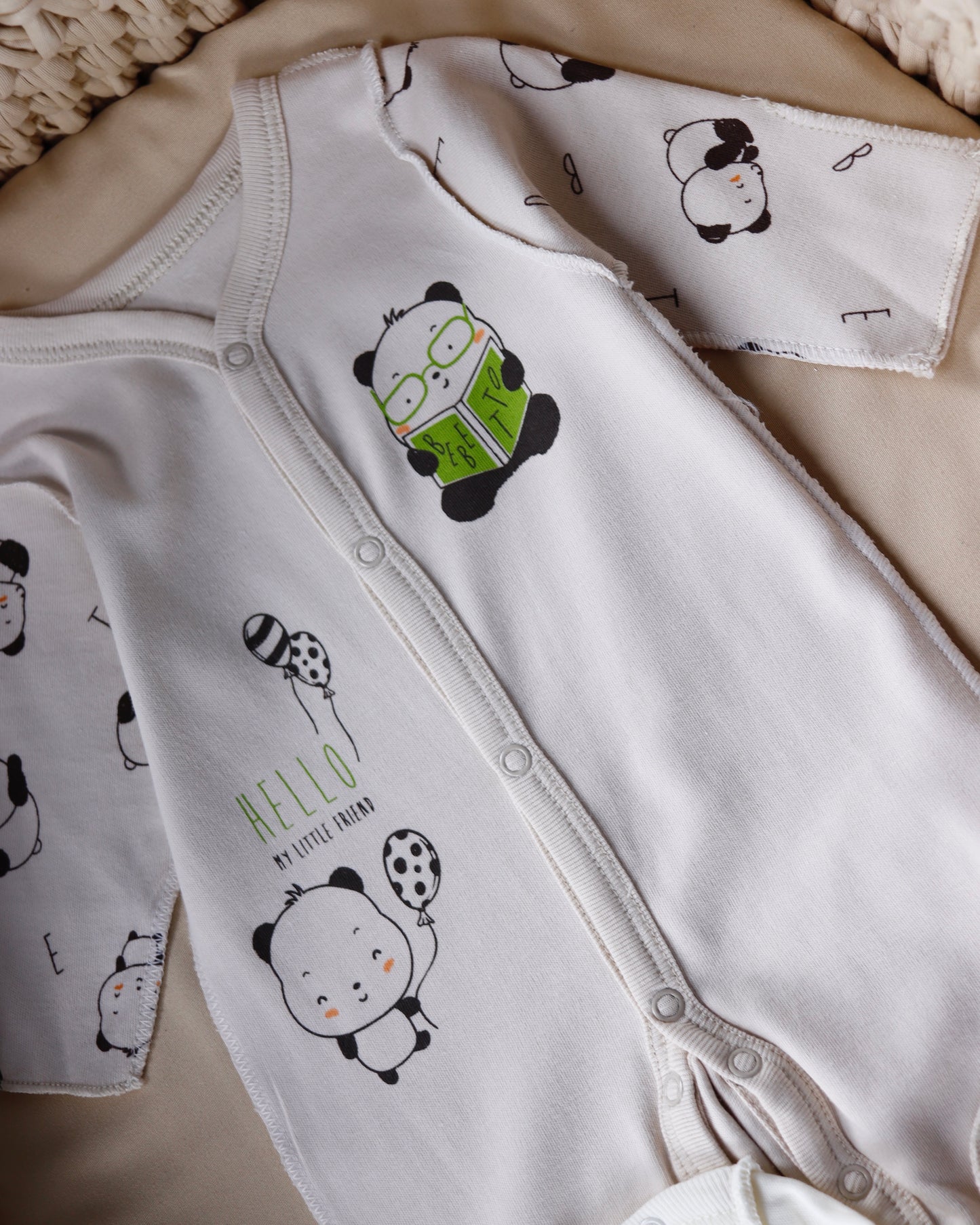 طقم بيبي قطن 4 قطع خياطة خارجية🐼 بيبي خداج🩶