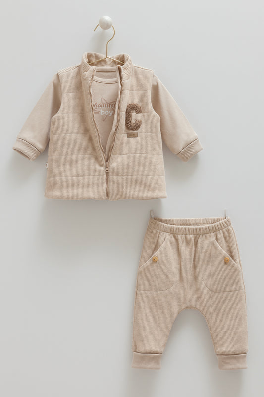 طقم ٣ قطع قطن شتوي ١٠٠٪‏ بني✨٣-١٨ شهر