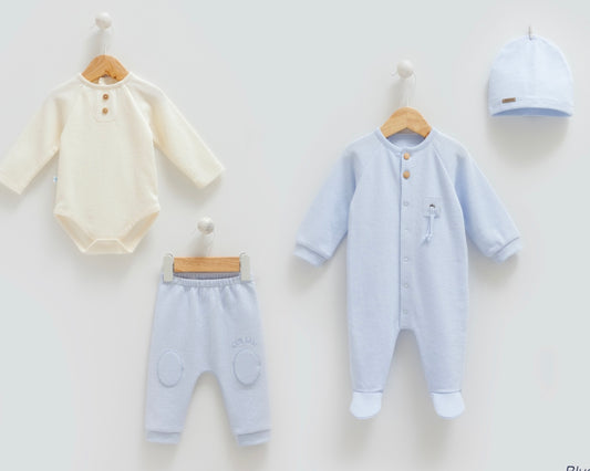 طقم بيبي قطن ٤ قطع أفرهول مع بجامة / ١-٣ أشهر ازرق