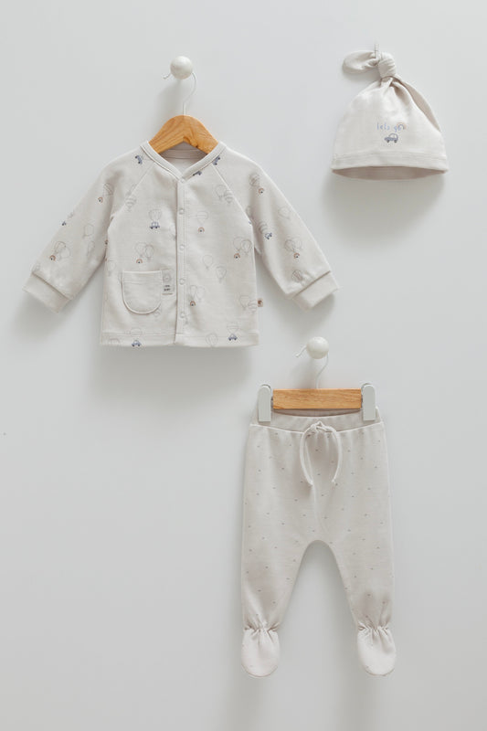 بجامة ٣ قطع قطن ١٠٠٪‏ رمادي ١-١٢ شهر