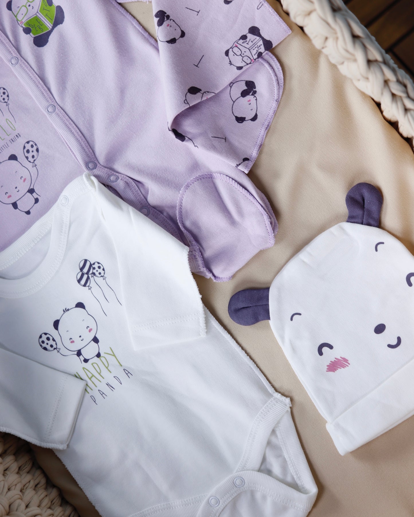 طقم بيبي قطن 4 قطع خياطة خارجية🐼 بيبي خداج💜