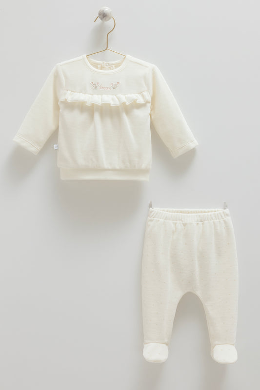 طقم بيبي مخمل١-١٢ شهر ايفوري