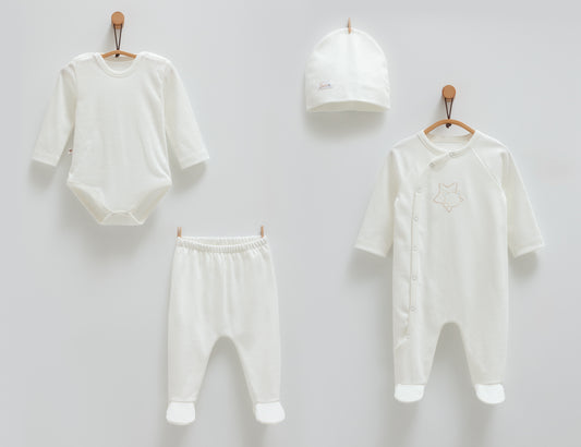 طقم بيبي ٤ قطع🪡قطن طبيعي ١٠٠٪ أبيض