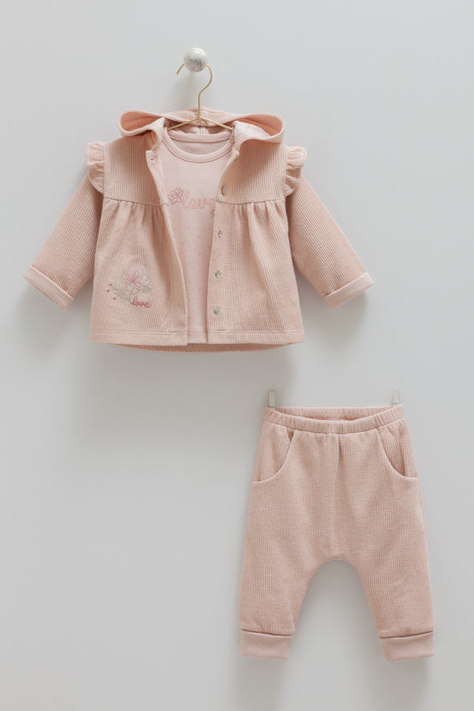 طقم ٣ قطع قطن ثقيل١٠٠٪‏ زهري 🌸٣-١٨ شهر