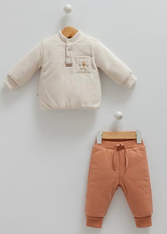 طقم بيبي قطن شتوي - لون عسلي