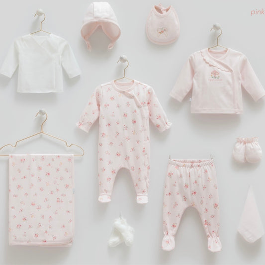 طقم حديث ولادة ١٠ قطع🪡قطن طبيعي ١٠٠٪‏ 🍄 زهري