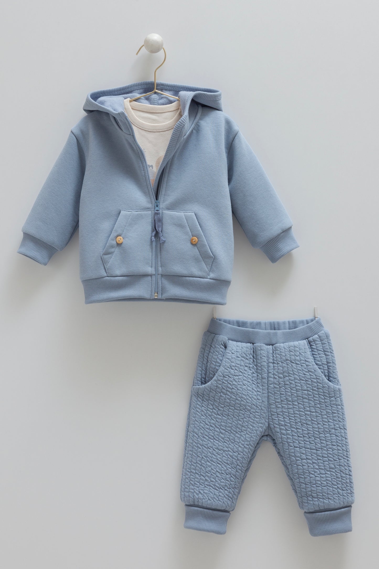 طقم بيبي قطن مبطن ٣ قطع ٣-٢٤ شهر❄️ ازرق