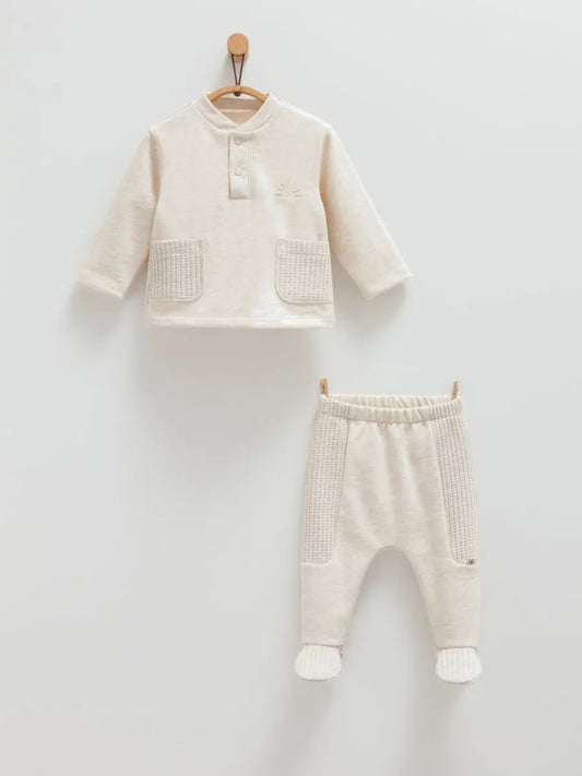 طقم قطعتين قطن ١٠٠٪‏ بيج فاتح ١-١٢ شهر