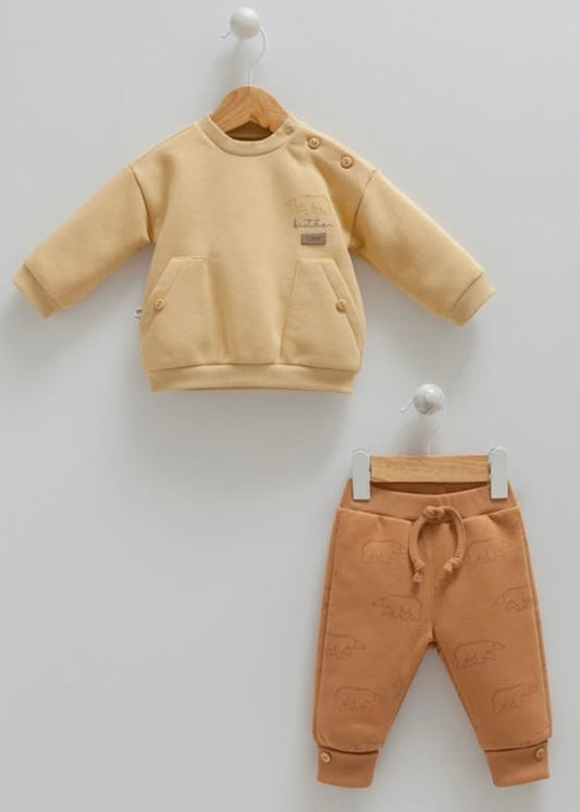 طقم بيبي قطن مبطن - لون عسلي