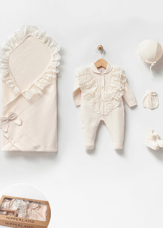 طقم بيبي حديث ولادة قطن غزل طبيعي ١٠٠٪‏ ايفوري