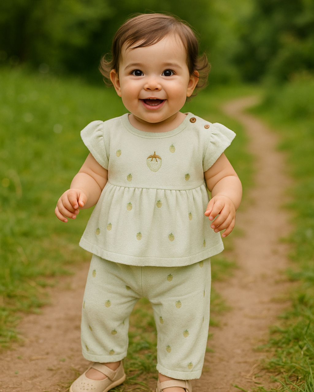 طقم صيفي برسمة الفراولة - الأخضر🍓