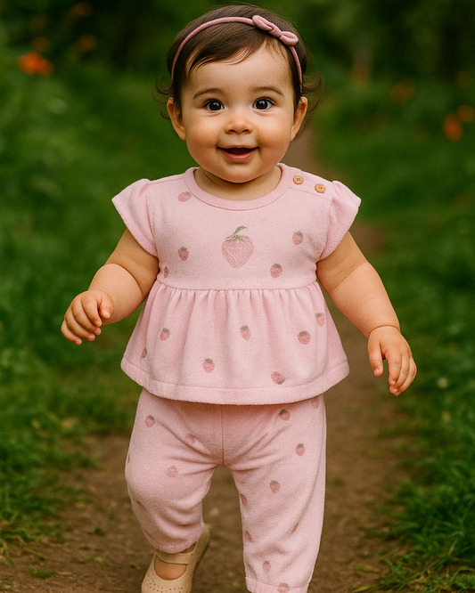 طقم صيفي برسمة الفراولة - الزهري🍓