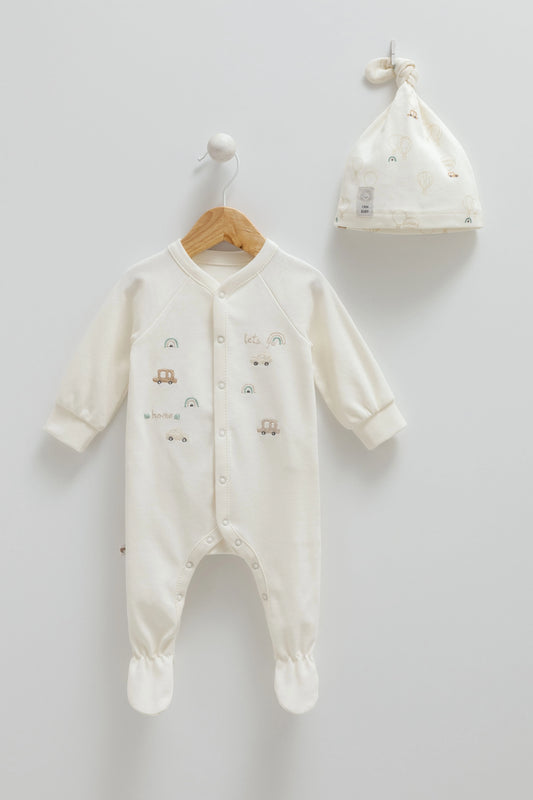 طقم أفرهول مع طاقية قطن ١٠٠٪‏🪡 ايفوري