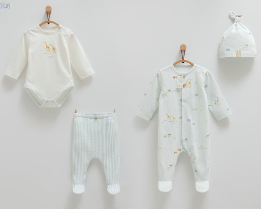 طقم بيبي قطن ١٠٠٪‏ ٤ قطع ١-٣ أشهر- أزرق🦒