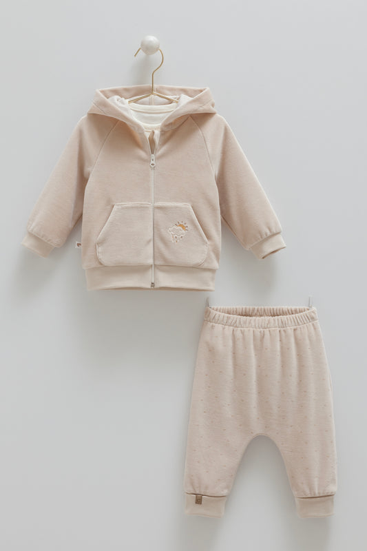 طقم بيبي مخمل ٣ قطع ٣-١٨شهر بيج