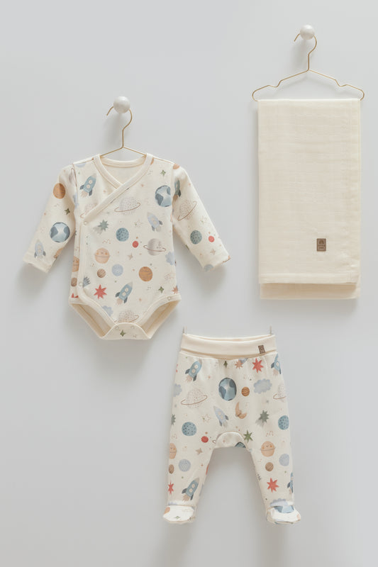 طقم حديث ولادة تبان وبنطلون مع كوفلية موسيلين🪐